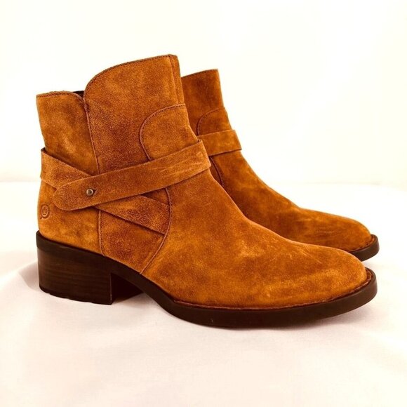 Born Tori Leather Bootie Size 9  Brown Side Zip Block Heel Straps Western - Picture 1 of 15